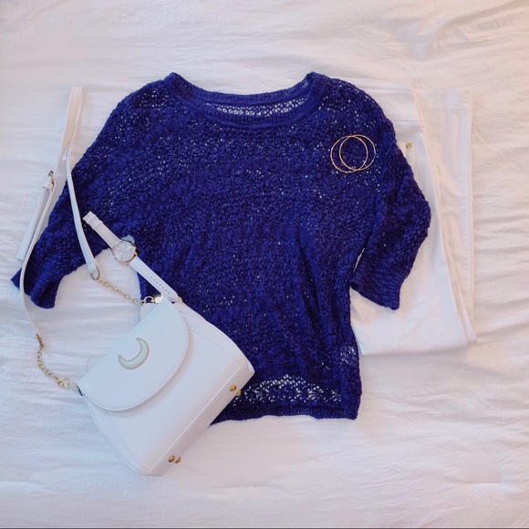 ❗️SOLD❗️ Navy Blue See-Through Crochet Top - Picture 1 of 3